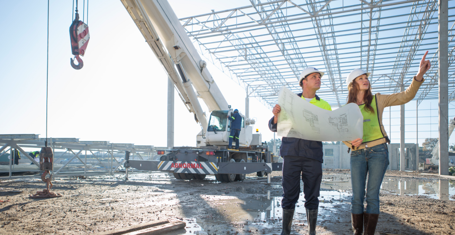 Workers discussing blueprint on construction site.